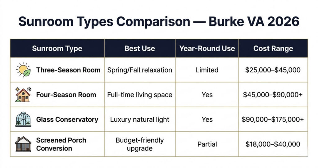 Sunroom Addition Ideas Burke VA Homeowners Love in 2026 4 sunroom addition ideas Burke VA comparison table for four season rooms screened porch conversions and sunroom costs