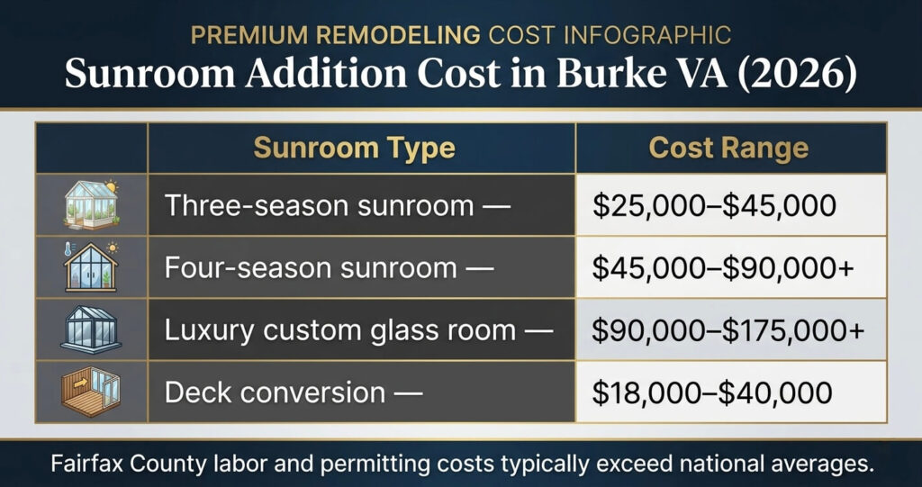 Sunroom Addition Ideas Burke VA Homeowners Love in 2026 6 sunroom addition ideas Burke VA cost table for four season rooms deck conversions and luxury glass sunrooms
