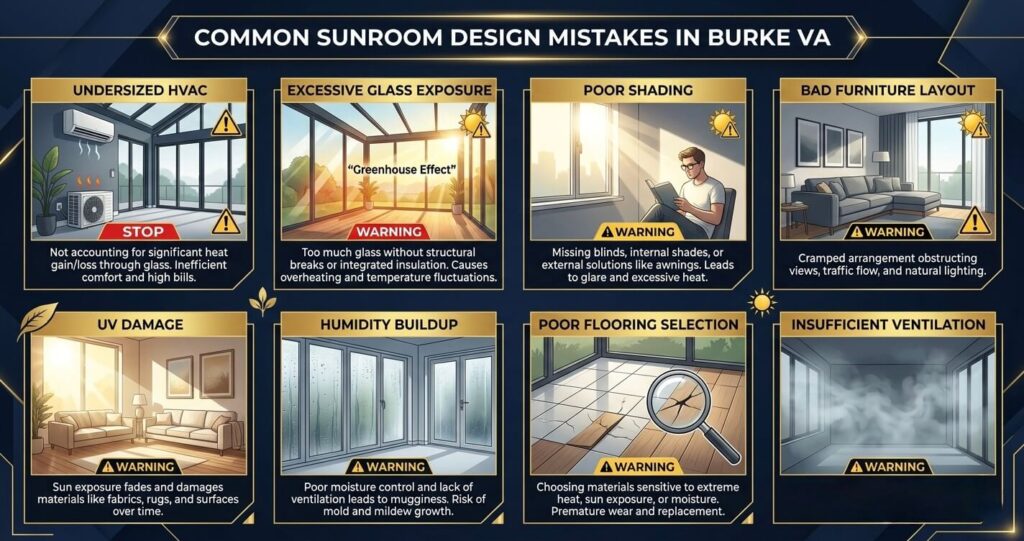 Sunroom Addition Ideas Burke VA Homeowners Love in 2026 7 sunroom addition ideas Burke VA common design mistakes including ventilation shading and HVAC problems
