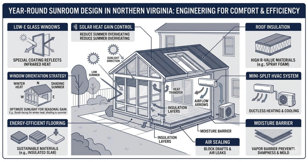 Sunroom Addition Ideas Burke VA Homeowners Love in 2026 5 sunroom addition ideas Burke VA energy efficient windows HVAC insulation and thermal performance infographic