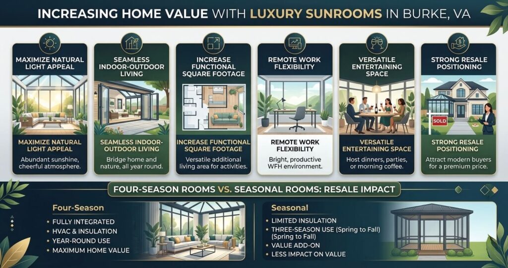 Sunroom Addition Ideas Burke VA Homeowners Love in 2026 9 sunroom addition ideas Burke VA resale value ROI and buyer appeal infographic