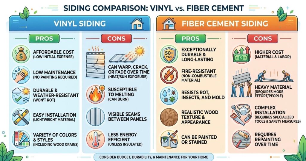 vinyl vs fiber cement siding Northern Virginia pros and cons comparison infographic siding benefits drawbacks


