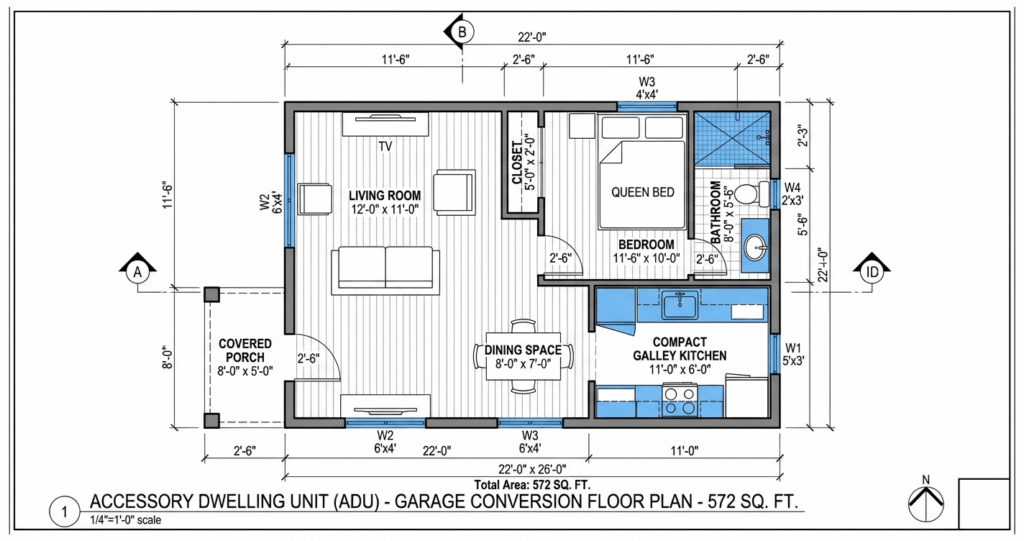 ADU Build Reston VA 572 square foot floor plan garage conversion design

