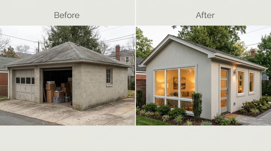 ADU garage conversion before after Arlington VA showing detached garage transformed into legal rental ADU in Arlington County