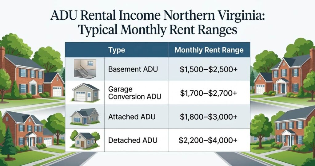 ADU Rental Income Northern Virginia rent comparison table for detached ADU basement ADU and garage conversion

