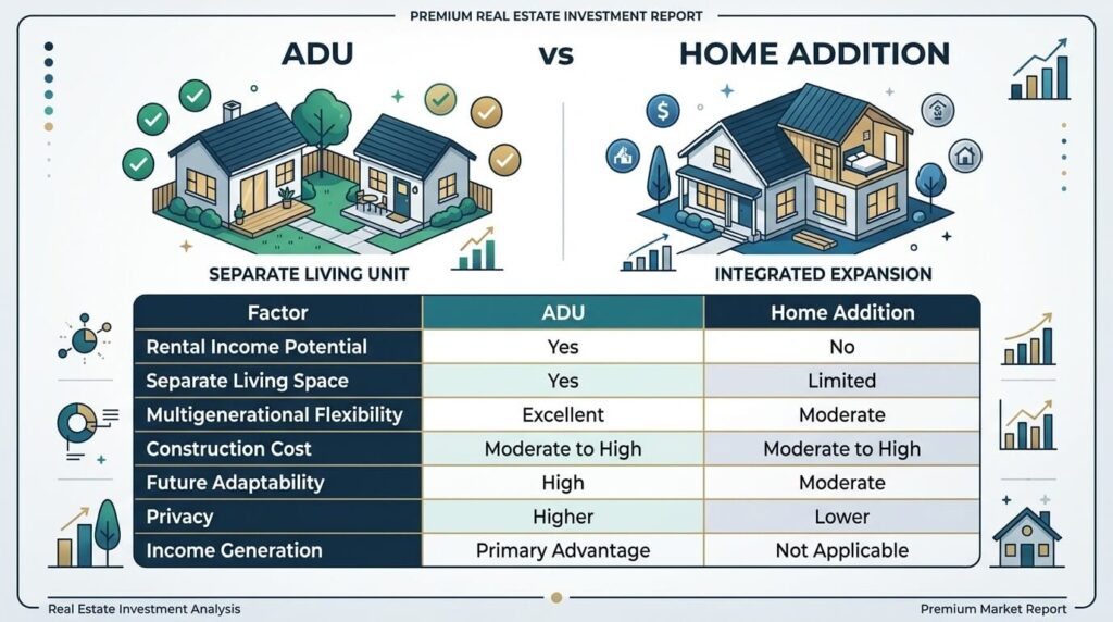ADU Rental Income Northern Virginia versus home addition investment comparison table


