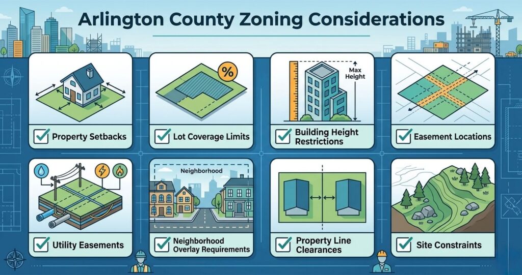 Master suite addition permit Arlington County VA zoning checklist including setbacks lot coverage easements and height restrictions

