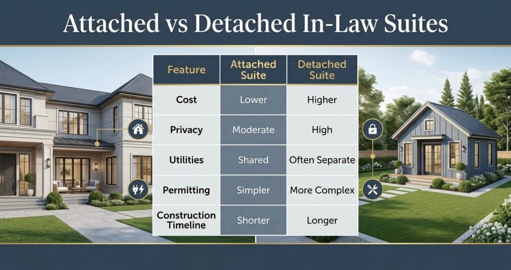 Attached vs detached in-law suite addition cost Northern Virginia comparison for privacy permitting utilities and construction timeline

