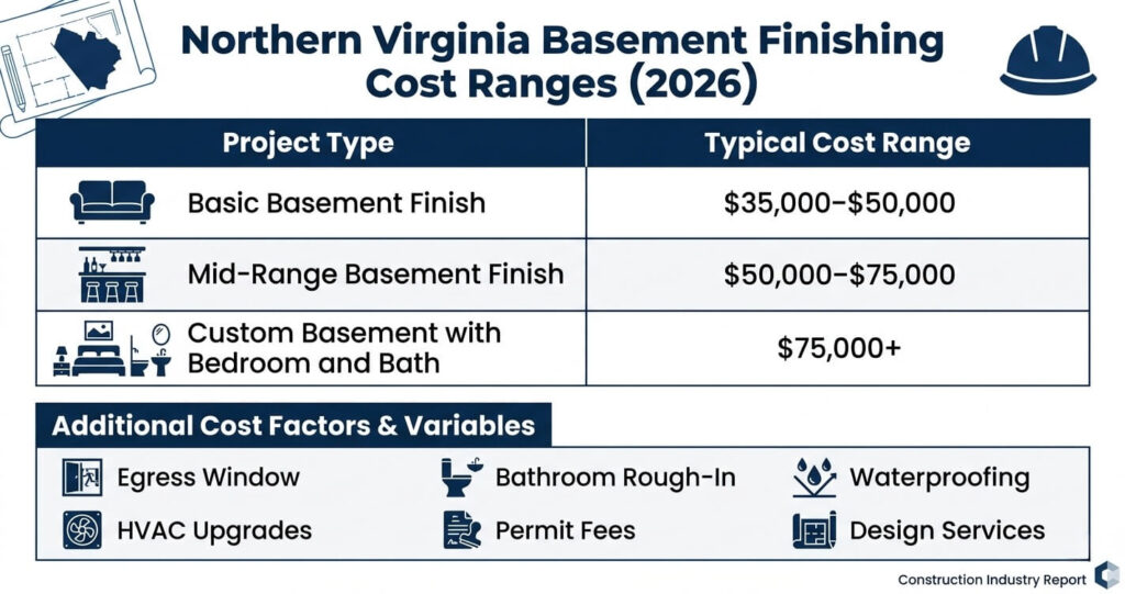 Basement finishing cost Northern Virginia comparison table showing common basement finishing mistakes Northern Virginia homeowners make