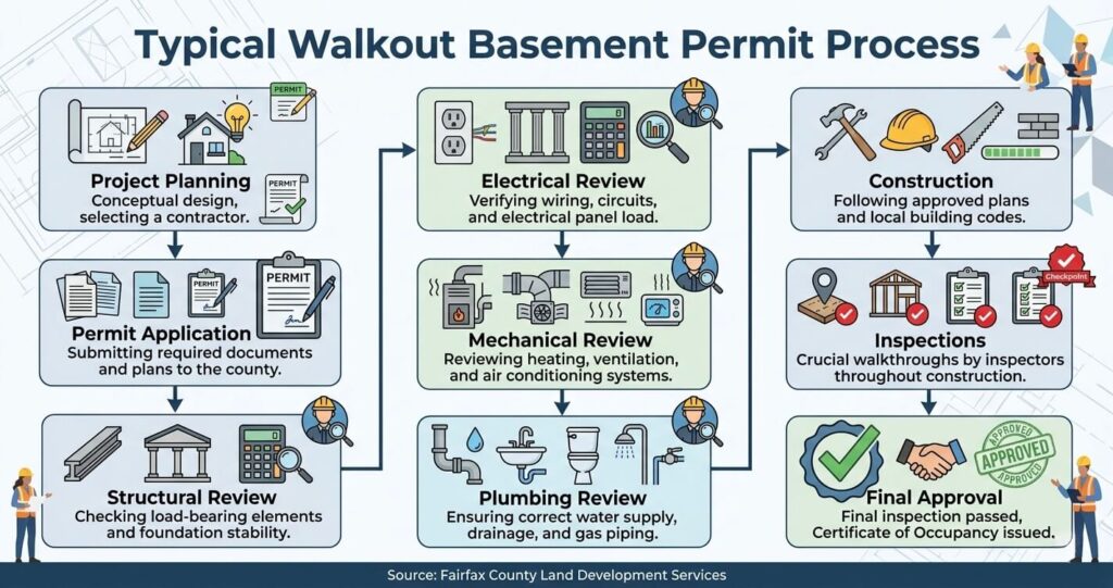 Walkout Basement Mistakes Vienna VA (2026 Guide) 5 basement permit Fairfax County flowchart for walkout basement mistakes Vienna VA and basement renovation permits