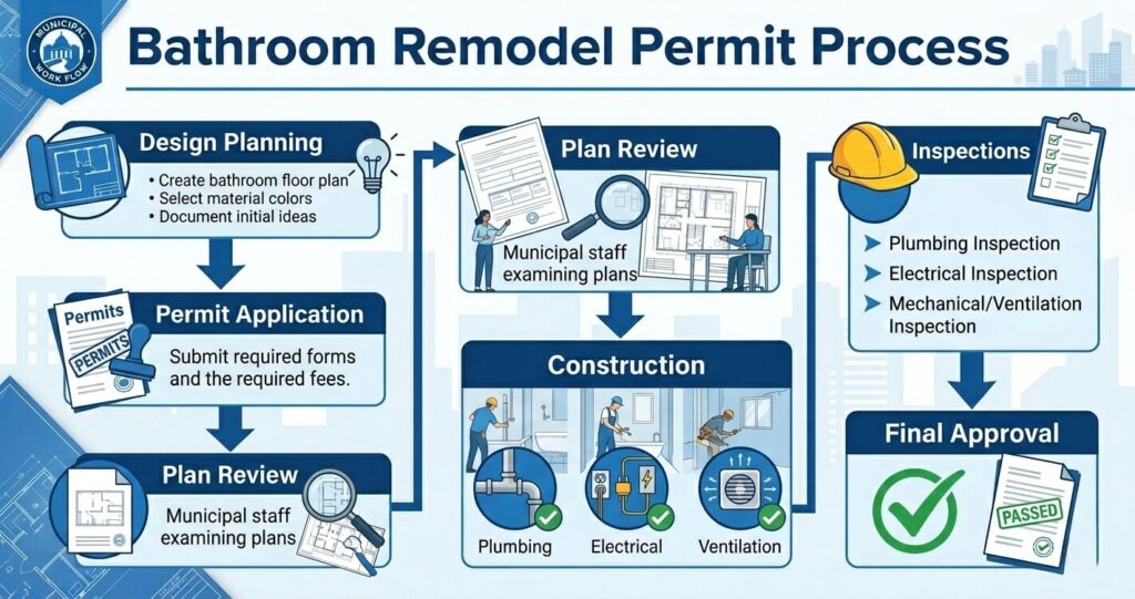 Small Bathroom Design Ideas Arlington VA: Space-Smart Layouts & Finishes for 2026 7 small bathroom renovation Arlington VA permit process and inspection requirements infographic