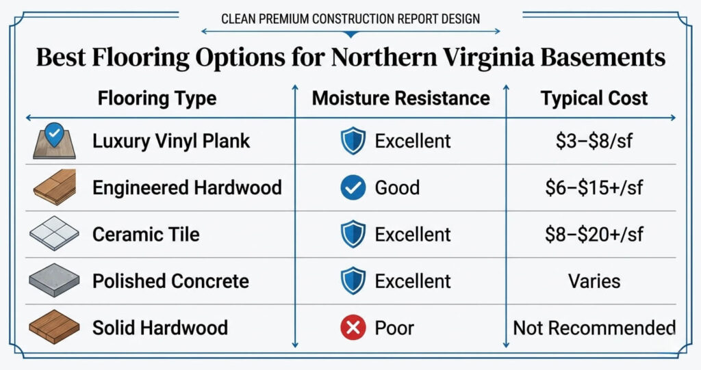 Basement finishing mistakes Northern Virginia flooring comparison for below grade basement finishing Northern Virginia projects