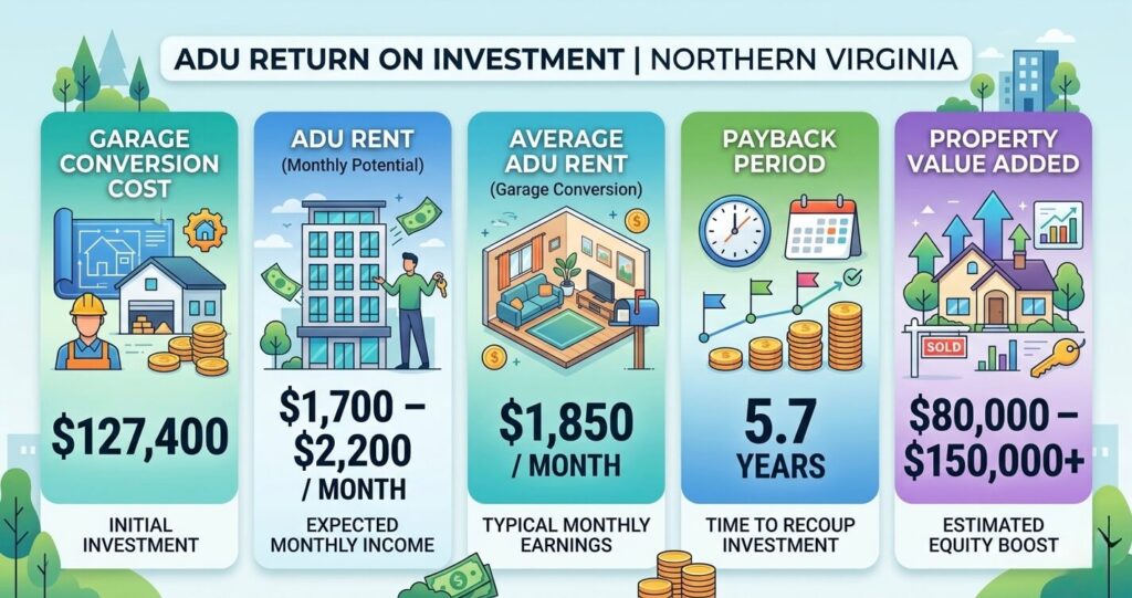 Best ROI home improvements Northern Virginia ADU garage conversion rental income Arlington VA Fairfax County


