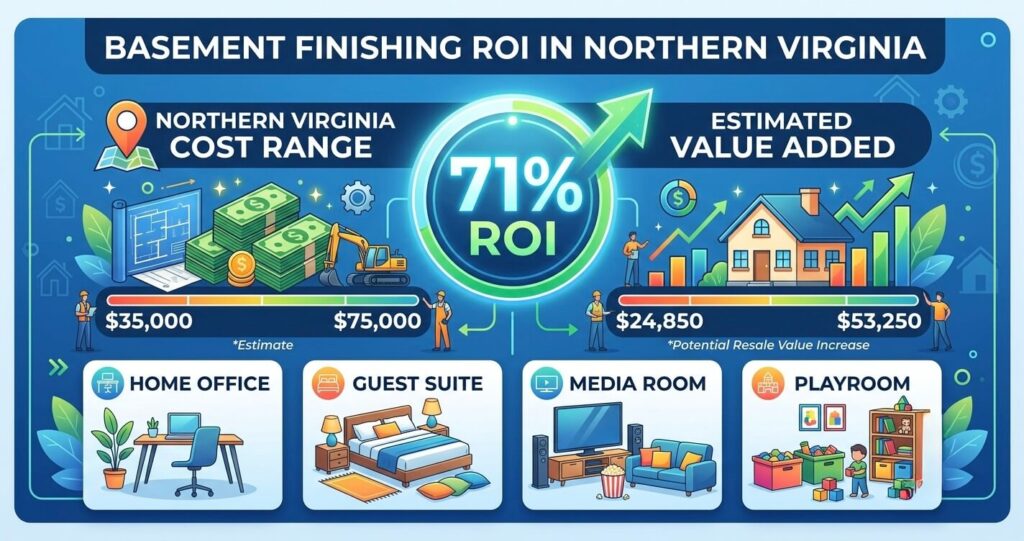 Best ROI home improvements Northern Virginia basement finishing cost and ROI comparison Burke VA Fairfax County homes

