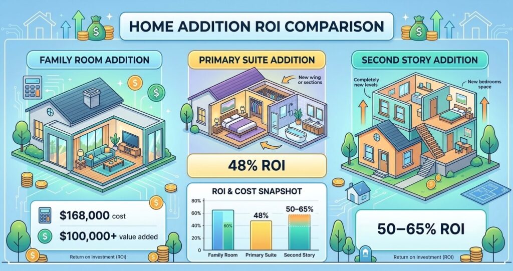 Best ROI home improvements Northern Virginia home addition ROI family room addition master suite addition and second story addition

