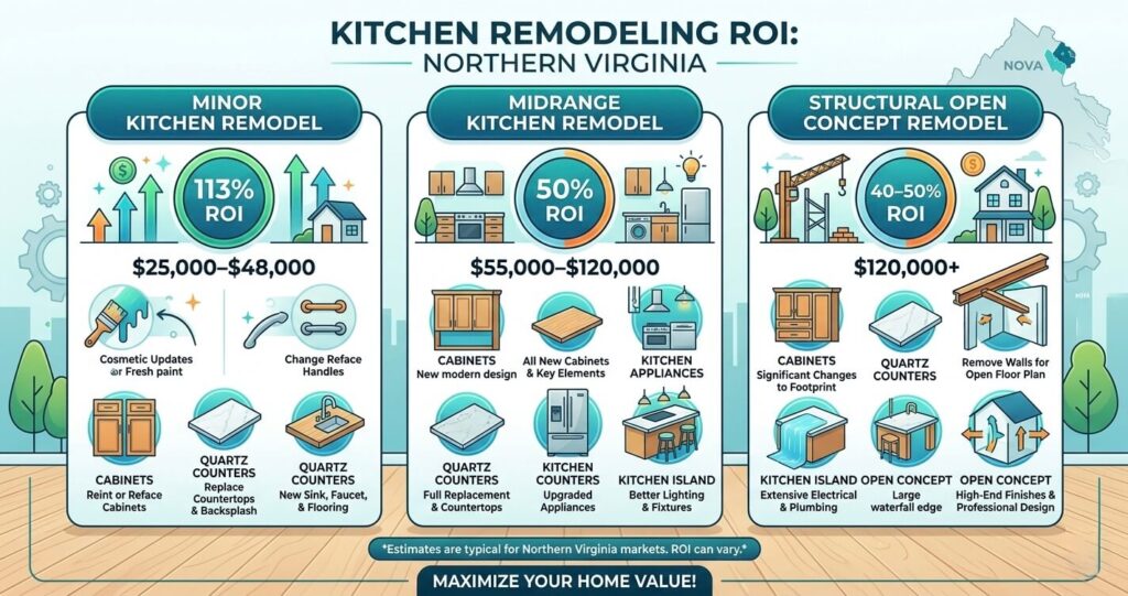 Best ROI home improvements Northern Virginia kitchen remodel ROI comparison minor kitchen remodel vs major kitchen renovation in Fairfax VA and Vienna VA

