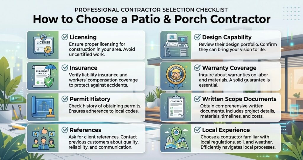 Patio Porch Addition Merrifield VA: Costs, Designs & Permits (2026 Guide) 9 Patio porch addition Merrifield VA contractor checklist including licensing insurance permits references and warranty coverage