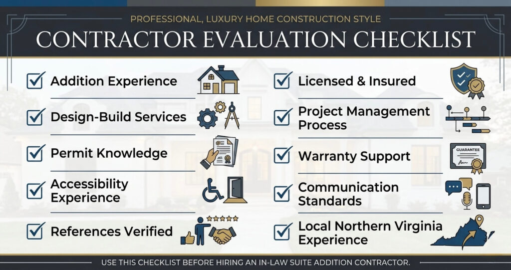 In-law suite addition cost Northern Virginia contractor evaluation checklist for design build additions and multigenerational home projects

