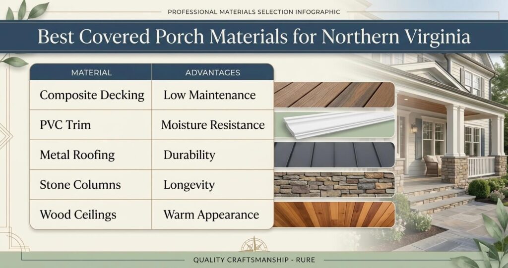 covered porch design ideas Annandale VA composite decking PVC trim metal roofing porch materials guide


