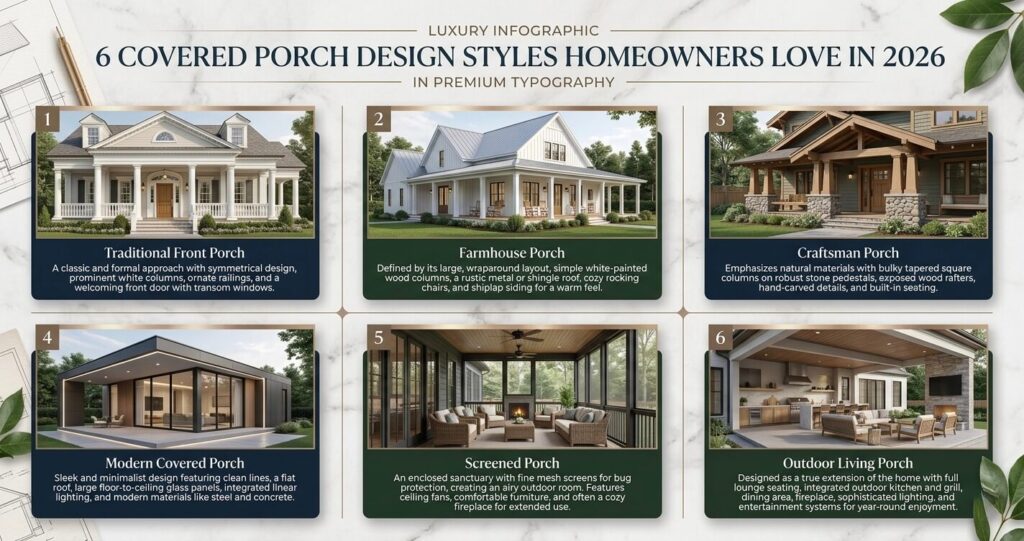 covered porch design ideas Annandale VA traditional farmhouse modern screened porch styles comparison Northern Virginia

