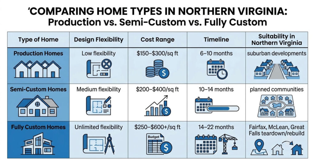 custom home build Northern Virginia comparison table production vs semi custom vs fully custom

