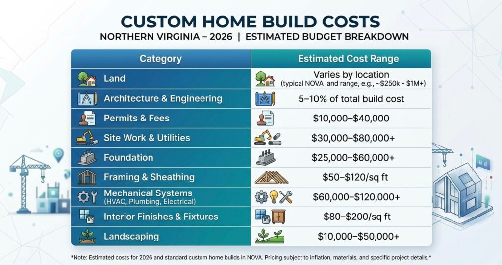 custom home build Northern Virginia cost per square foot breakdown table 2026

