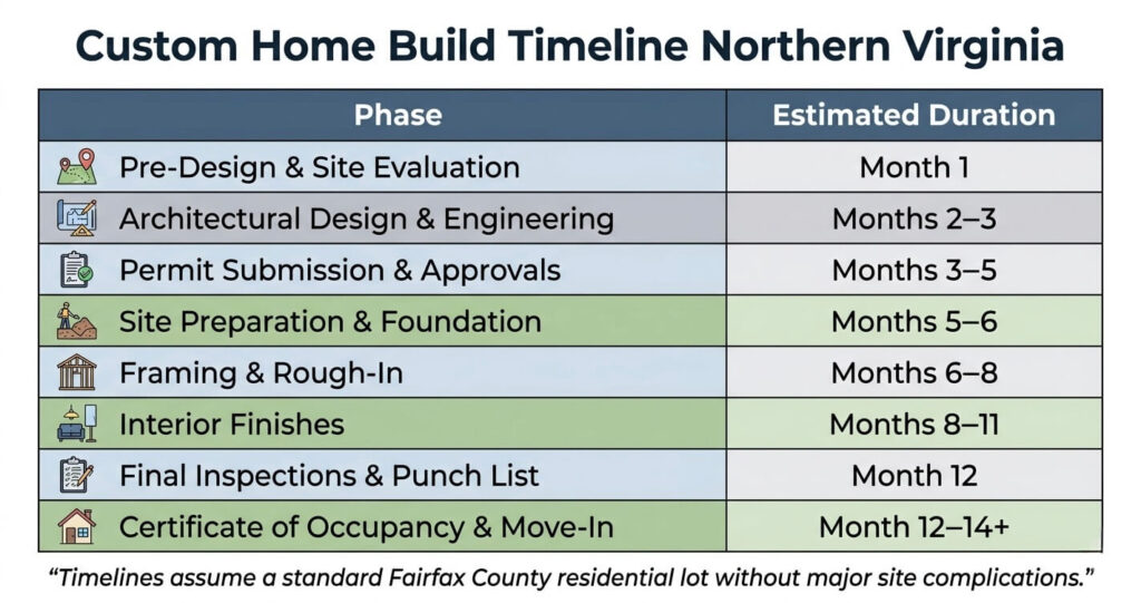 Custom home build timeline Northern Virginia design build timeline Northern Virginia phases table


