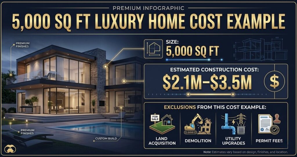 custom home cost per square foot McLean VA 5000 square foot luxury home total construction cost estimate excluding land and permits
