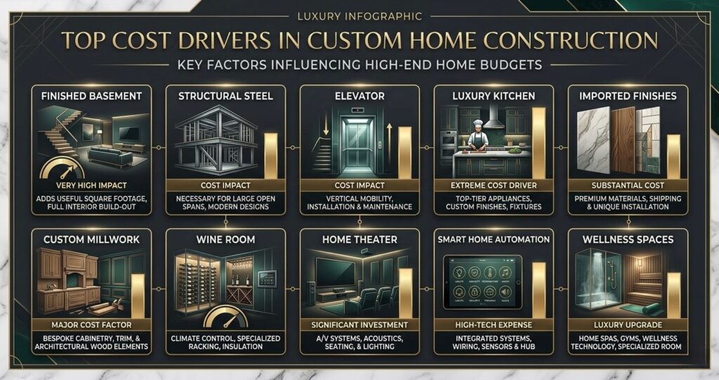 custom home cost per square foot McLean VA luxury construction cost drivers including elevators smart homes and custom millwork
