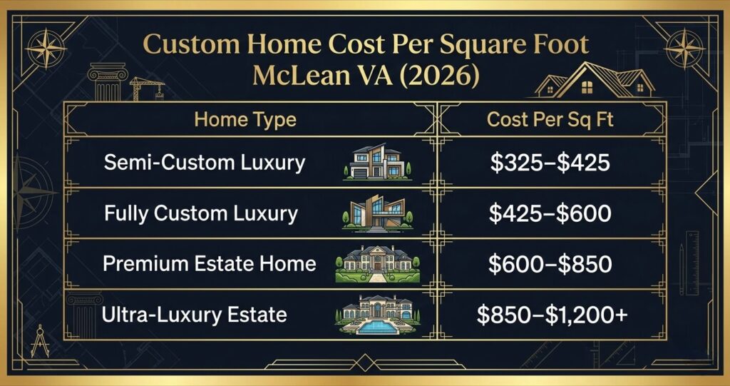 custom home cost per square foot McLean VA pricing table showing semi custom fully custom estate and ultra luxury construction costs
