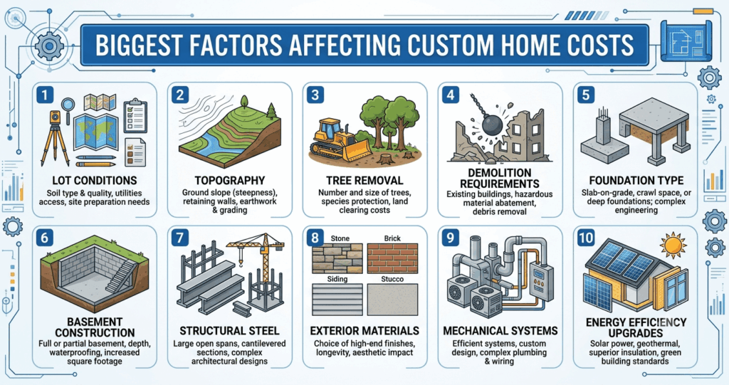 Custom Home Cost Vienna VA: 2026 Pricing Guide, Permits & Building Costs 5 Custom home cost Vienna VA custom home pricing Vienna VA major cost factors infographic