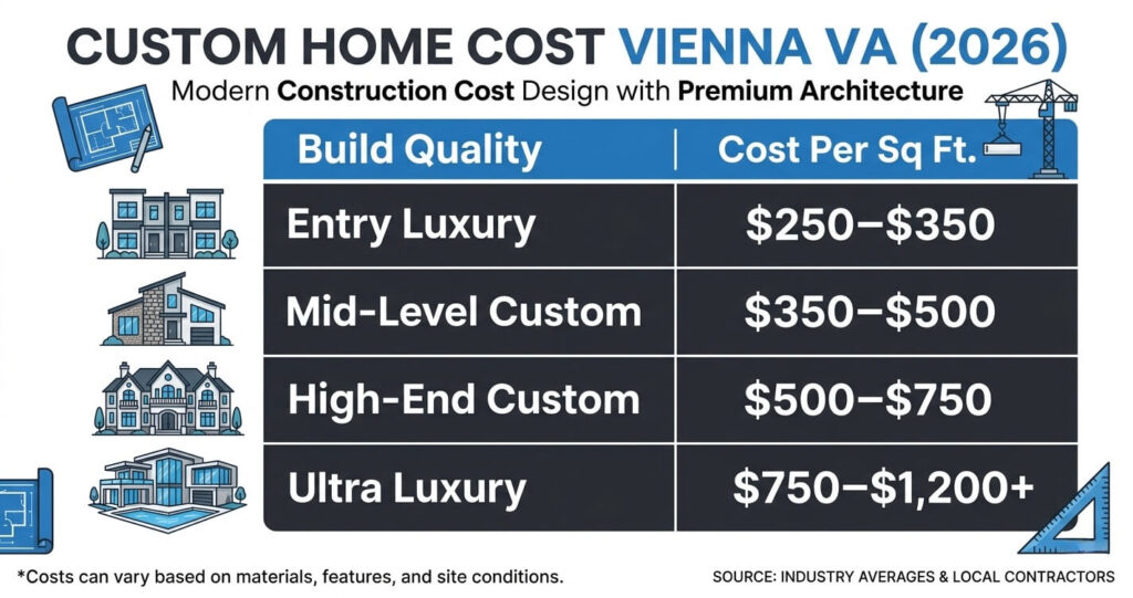 Custom Home Cost Vienna VA: 2026 Pricing Guide, Permits & Building Costs 3 Custom home cost Vienna VA cost per square foot custom home construction cost Vienna VA infographic