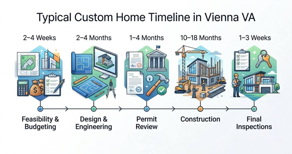 Custom Home Cost Vienna VA: 2026 Pricing Guide, Permits & Building Costs 8 Custom home cost Vienna VA custom home timeline and new home construction Vienna VA infographic