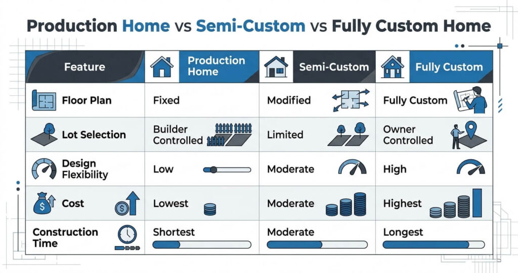 Custom Home Cost Vienna VA: 2026 Pricing Guide, Permits & Building Costs 2 Custom home cost Vienna VA production home vs semi custom vs fully custom home builder comparison