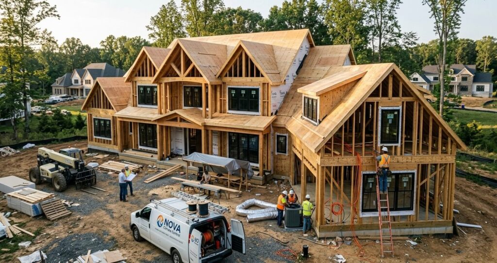 Custom home build timeline Northern Virginia framing and rough in phase construction

