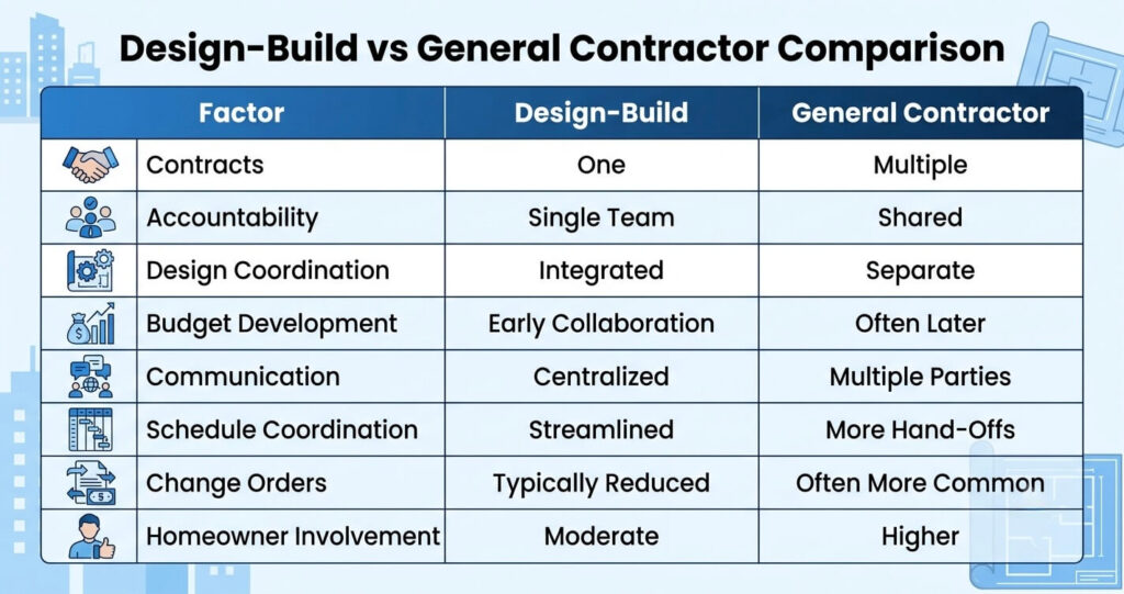 design build vs general contractor Northern Virginia comparison table for remodeling additions and custom homes

