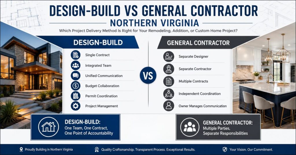design build vs general contractor Northern Virginia comparison showing project delivery methods for remodeling additions and custom homes

