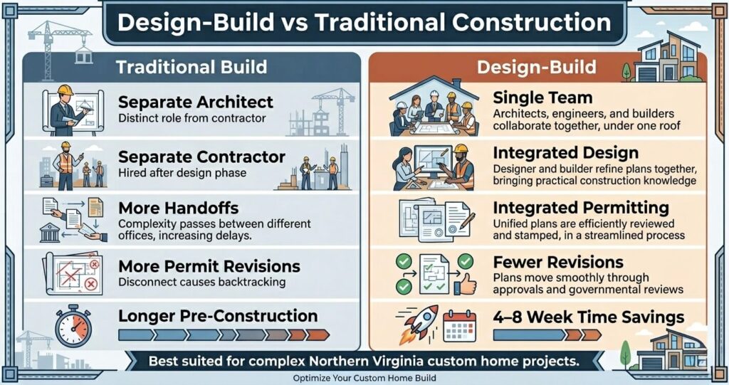 Custom home build timeline Northern Virginia design build vs traditional build comparison

