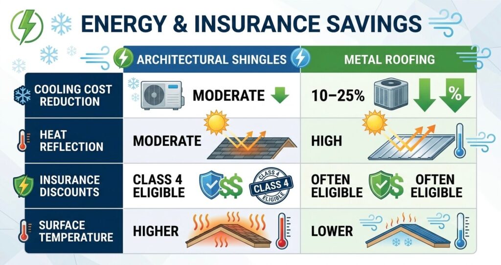 Metal Roofing vs Architectural Shingles Falls Church VA 8 energy efficient roofing options Falls Church VA comparing metal roofing and architectural shingles cooling savings heat reflection and insurance benefits