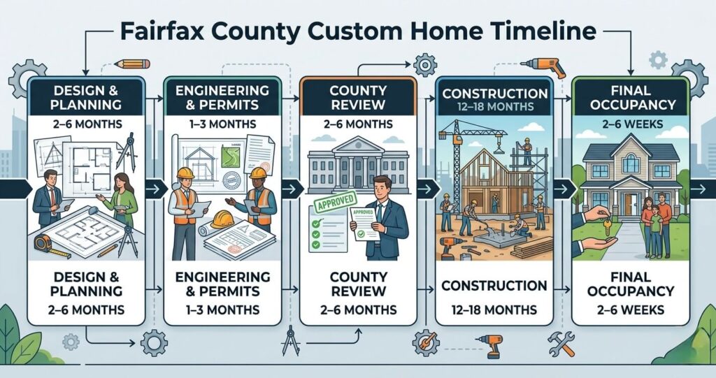 Fairfax County custom home permit timeline showing design permitting inspections and occupancy approval process Virginia 2026
