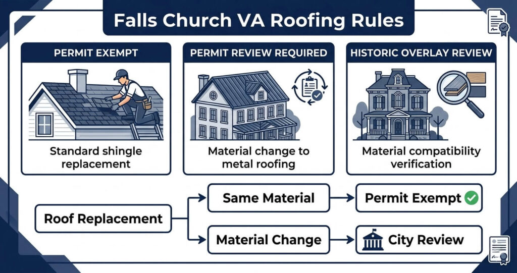 Metal Roofing vs Architectural Shingles Falls Church VA 6 metal roofing vs architectural shingles Falls Church VA permit requirements historic overlay zoning review and HOA approval infographic