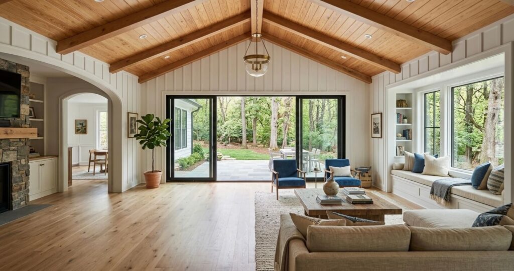 Family Room Addition Clifton VA: Case Study 2026 9 Family room addition Clifton VA after transformation showing vaulted ceiling glass wall white oak flooring and backyard connection