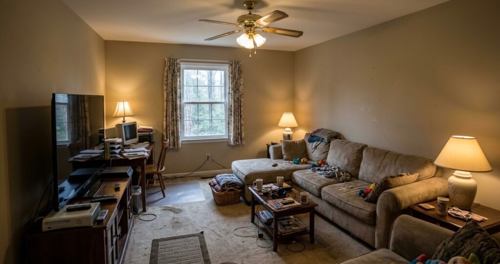 Family room addition Clifton VA before condition showing original 12x14 den layout with limited natural light and multi-purpose family use
