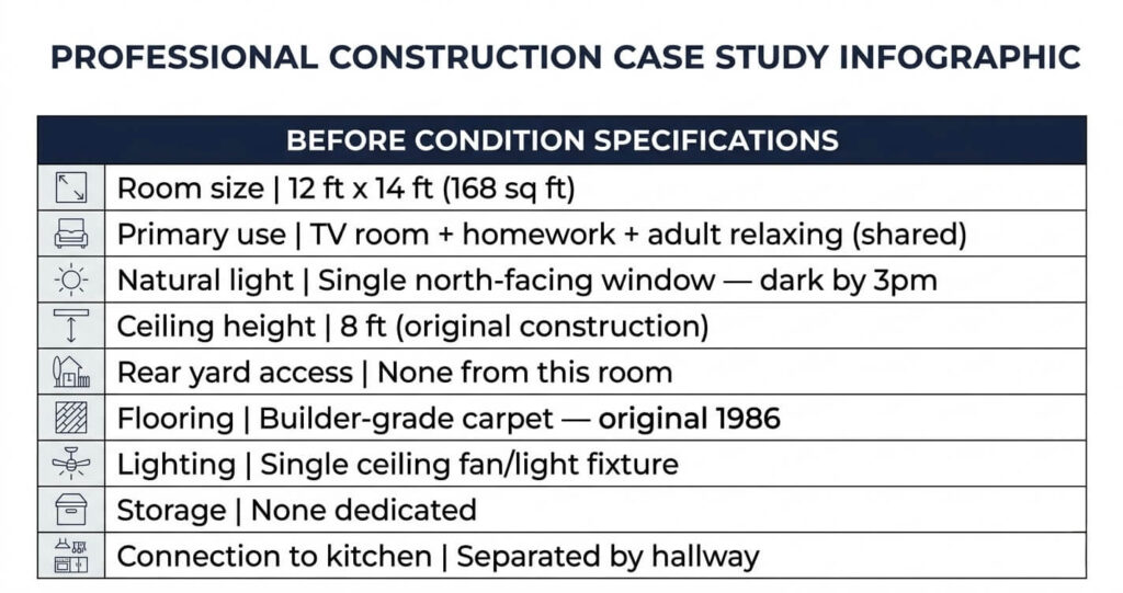 Family Room Addition Clifton VA: Case Study 2026 3 Family room addition Clifton VA before condition specifications table showing room size lighting access flooring and layout constraints