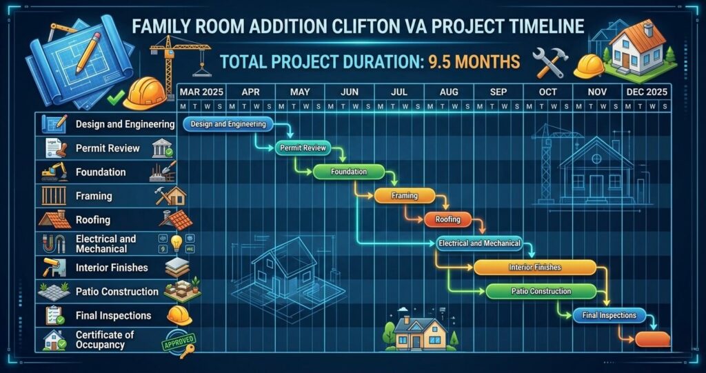 Family Room Addition Clifton VA: Case Study 2026 8 Family room addition Clifton VA construction timeline showing permit review construction phases inspections and certificate of occupancy
