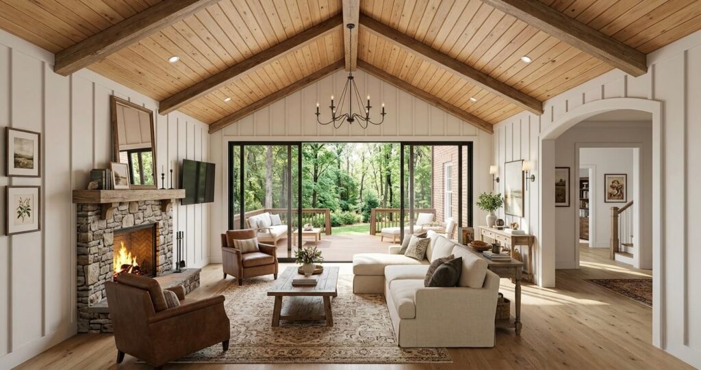 Family Room Addition Clifton VA: Case Study 2026 4 Family room addition Clifton VA design plan rendering showing 440 square foot expansion vaulted ceiling and rear glass wall