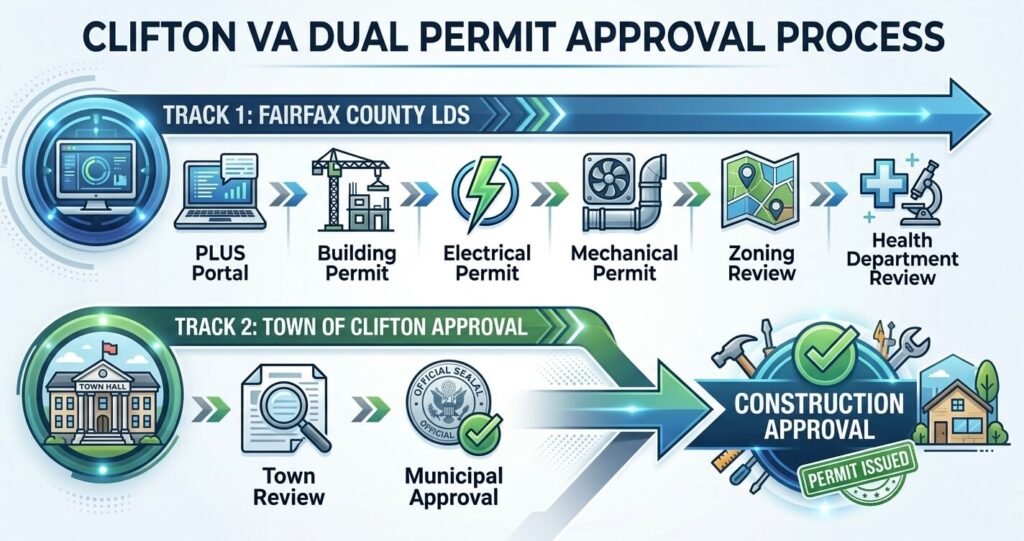 Family Room Addition Clifton VA: Case Study 2026 6 Family room addition Clifton VA dual permit process showing Fairfax County PLUS portal review and Town of Clifton approval requirements