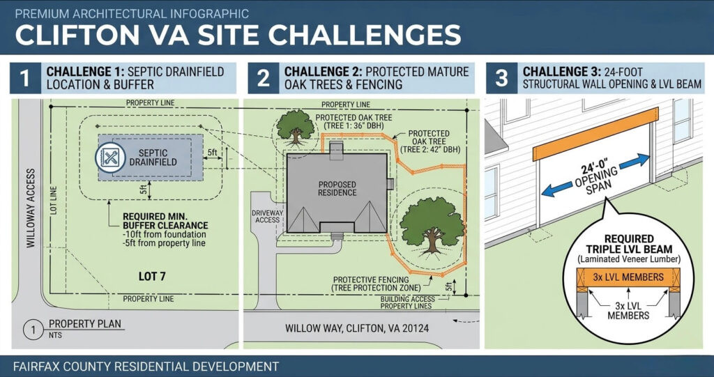 Family Room Addition Clifton VA: Case Study 2026 5 Family room addition Clifton VA site challenge diagram showing septic clearance tree protection and structural tie-in requirements