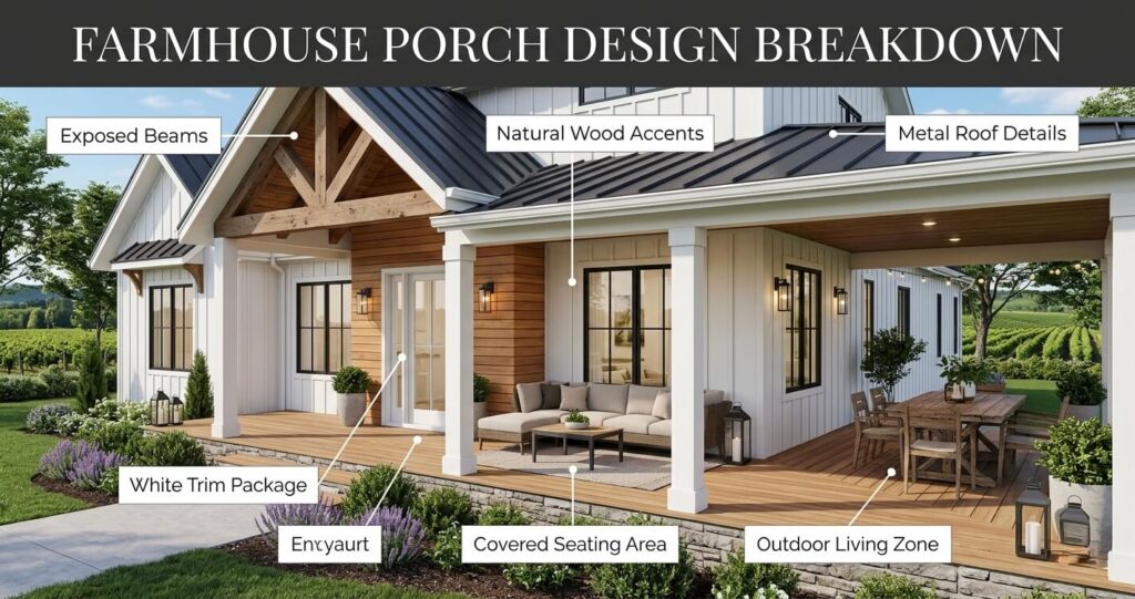 covered porch design ideas Annandale VA farmhouse covered porch design exposed beams outdoor living Northern Virginia

