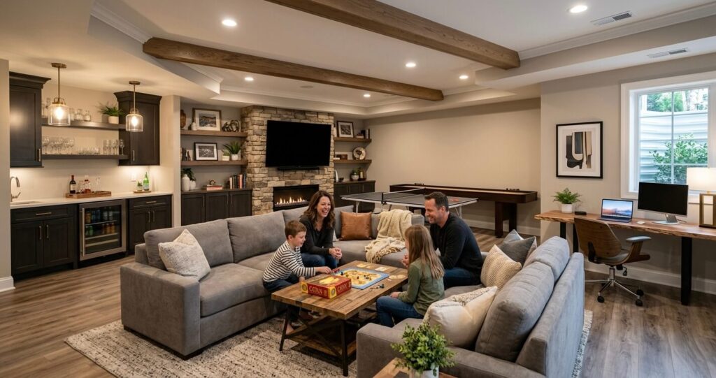 Finished basement Northern Virginia design build project with modern basement remodeling and finishing features